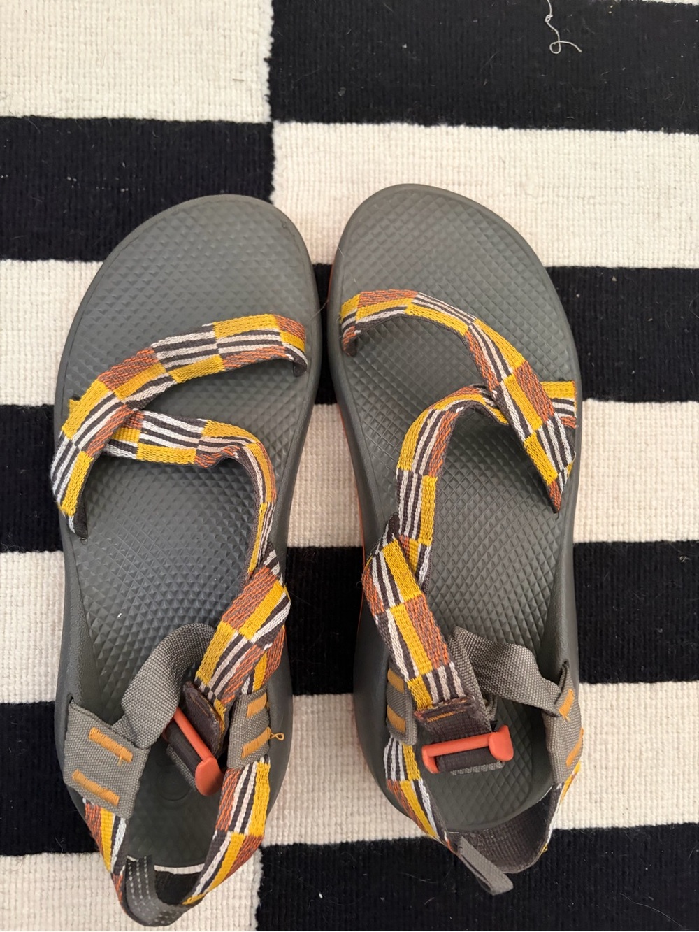 Chaco Kids Gray Sandals with Yellow and Brown Striped Webbing